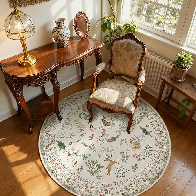 Washable Round Rugs for Bedroom 4ft: Living Room Rug Stain Resistant Non Slip Low Pile Ultra Soft Faux Wool Small Circle Rugs for Entryway Kitchen Nursery Bathroom Entrance Dorm Home Office Indoor