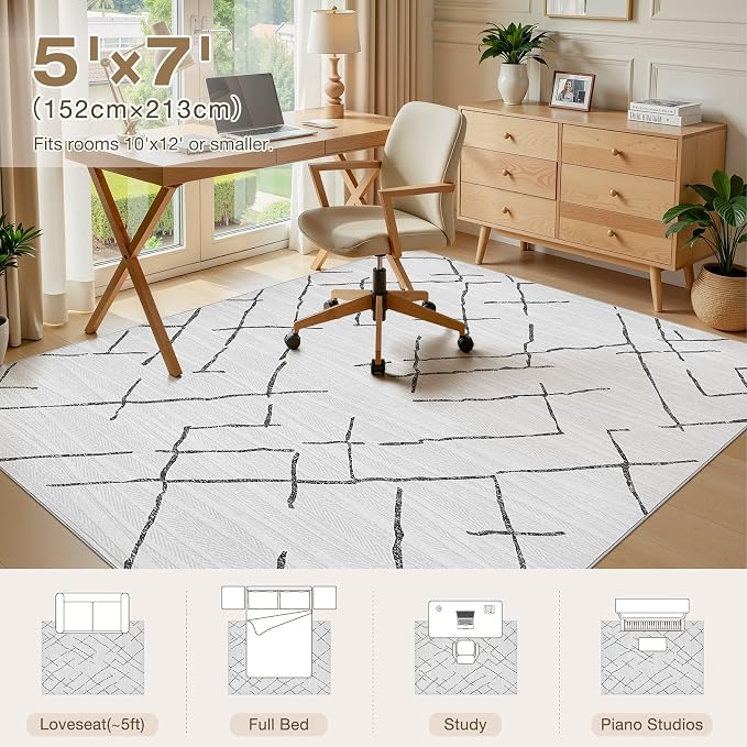 kakania Washable 5x7 Area Rug for Living Room: Boho Geometry Home Decor | Soft Stain Resistant, Low-Pile, Non-Slip, Pet & Kid Friendly, Thin Rug for Bedroom/Dining Room/Kids Dorm - Light Grey
