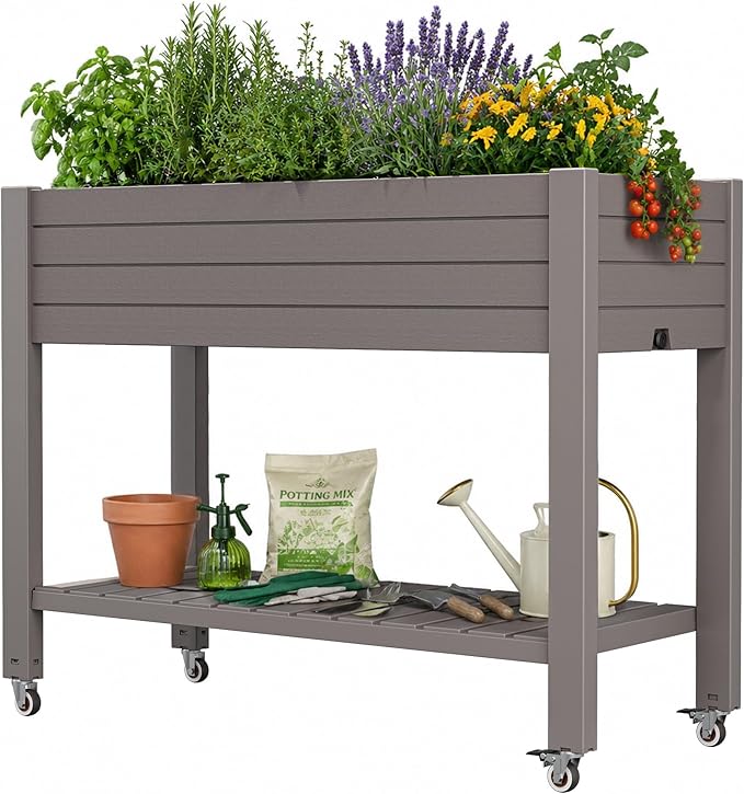 Elevated Raised Garden Bed with Wheels,Medium Gray-33.7" h