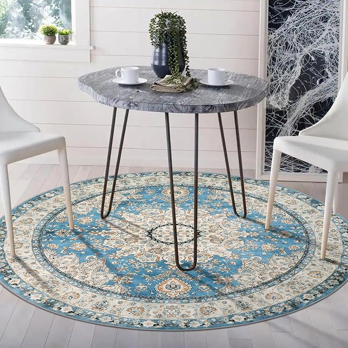 Lahome Felice Oriental Floral Medallion Round Rug - 4Ft Blue Vintage Round Kitchen Area Rug, Soft Non-Slip Washable Coffee Table Mat Indoor Accent Laundry Room Carpet for Classroom Entrance Office