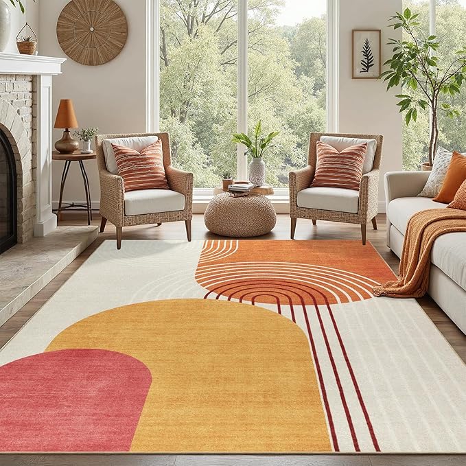 DCX Abstract Washable 4x6 Rug, Non Slip Low Pile Rug, Orange & Yellow | Rugs for living room, bedroom, dining room, office, soft, mid century modern rug, sain resistant indoor carpet, home decor