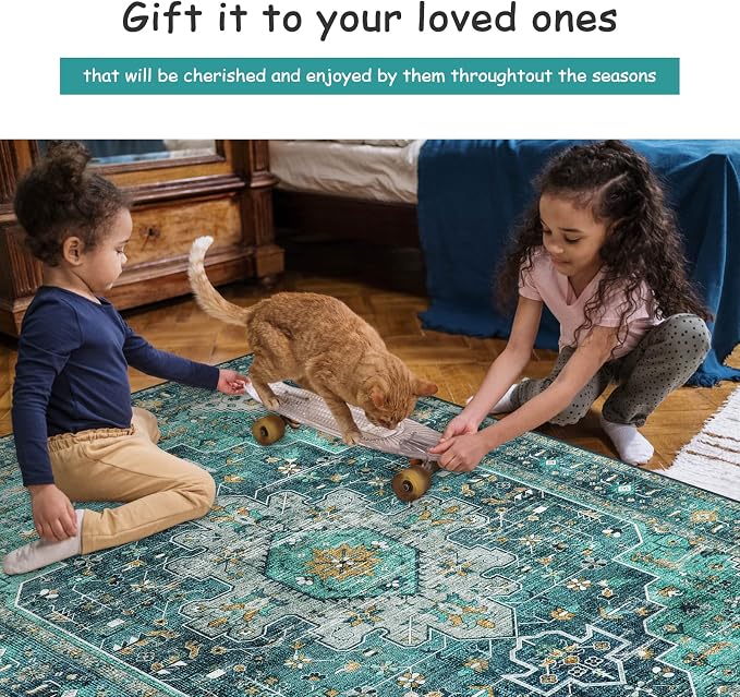 Moynesa Ultra-Thin Vintage Area Rug - 9x12 Large Living Room Rug, Non-Slip Stain Resistance Low Pile Bedroom Mat, Oriental Indoor Office Floor Carpet for Dining Room Kitchen Table Dorm