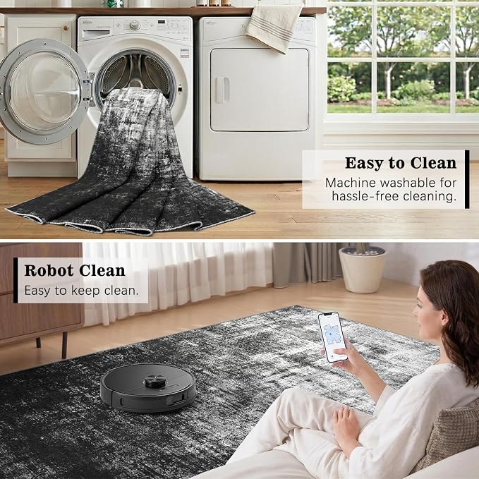 DCX Washable Abstract Area Rug 5x7, Non Slip Low Pile Rug, Black | Easy to clean, non-shedding, soft, kid & pet friendly, with a non-slip rubber backing for living rooms, bedrooms, and offices