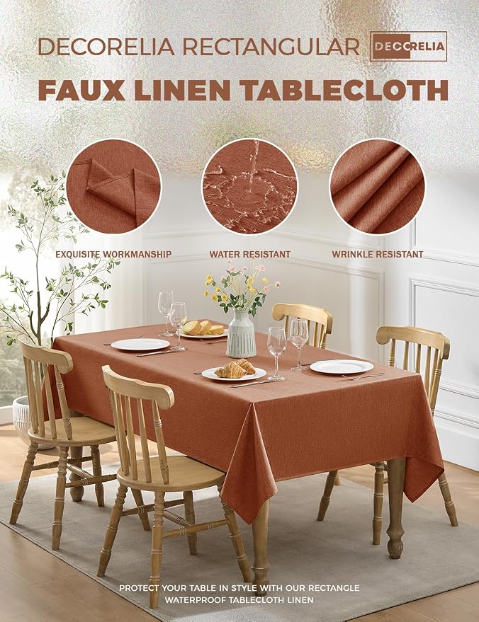 Decorelia Table Cloth for Rectangle Dining Table, Faux Linen Waterproof Texture Farmhouse Washable Rectangular Tablecloth Cover for Birthday, Party, Picnics, Wedding Decor(Burnt Orange, 52 x70 Inch)