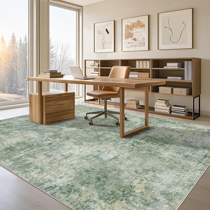 Tortania Washable 8x10 Area Rug for Living Room: Modern Abstract Neutral Large Soft Thin Rugs - Non Slip Indoor Carpet for Bedroom Dining Room Office Nursery Home Floor Decoration - Olive Green
