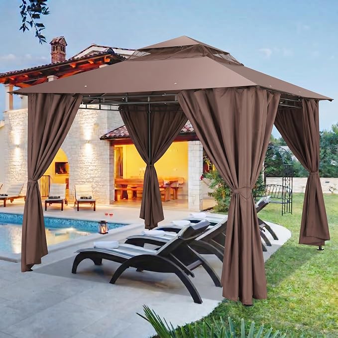 COBIZI 10x10 Gazebo with Double Roof & Mosquito Netting Outdoor Heavy-Duty Party Tent, Patio Tent with Zipper Screens - Backyard Garden Lawn Shelter Includes Wind Ropes Expansion Bolts, Brown