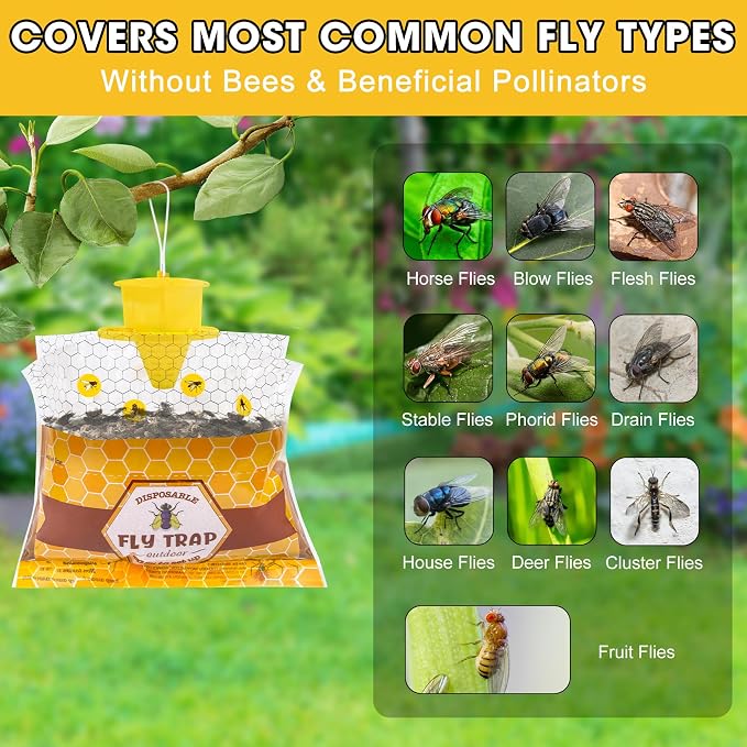 4 Pack Fly Traps Outdoor Hanging for Patio, Flies Bags Outdoor Disposable with 30g Bait, Bug Fly Hunter Catcher Killer Control for Barn Horse Ranch Chicken Coop