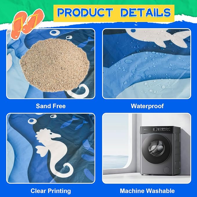 6.5 X 6.5Ft Baby Beach Pool, 2 in 1 Square Portable Toddler Beach Puddle | Cartoon Ocean Theme, Waterproof & Sandproof, Cute Toddler Paddling Pool Beach Blanket with Carrying Bag for Boys Girls, Blue