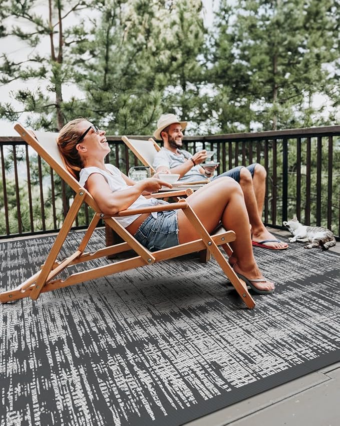 MontVoo Outdoor Rug Waterproof 8x10 ft Outdoor Carpet Patio Rug Mat Reversible RV Camping Rug Plastic Straw Outside Rug for Balcony Porch Deck Picnic Beach Modern Grey