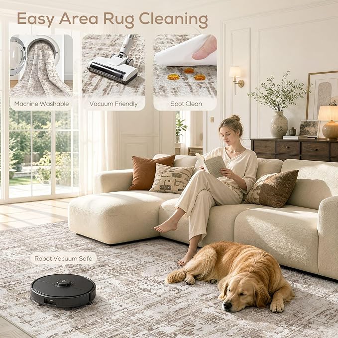 Nakagishi 8X10 Abstract Washable Area Rugs for Living Room-Brown-02 | Modern Non-Slip Silicone Backing Low Pile Soft Carpet for Bedroom Dining Decor Ideal for Families with Kids and Pets