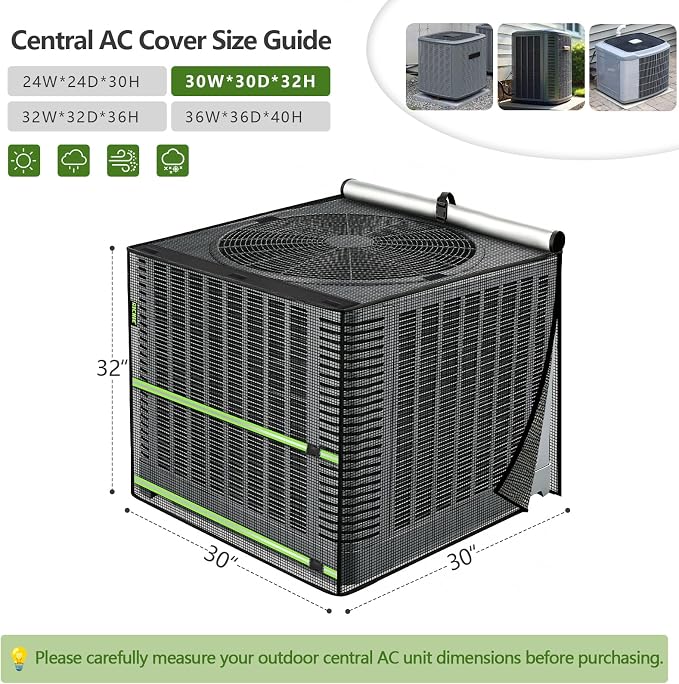 2 in 1 Full Mesh Air Conditioner Cover with Roll-Up Waterproof Top-Heavy Duty 420D Oxford, Breathable Outdoor AC Unit Defender for All Season, Anti-UV, Windproof, Easy Install, 30"W x 30"D x 32"H