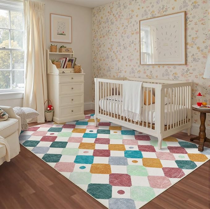 jinchan 5x7 Nursery Rug Washable Kids Rug Colorful Play Mat Decor Confetti | Soft, Non-Slip, Cute, Kid-Friendly, Modern Checkered Diamond Design, Classroom, Playroom, Bedroom, Dorm, Daycare, Living Room