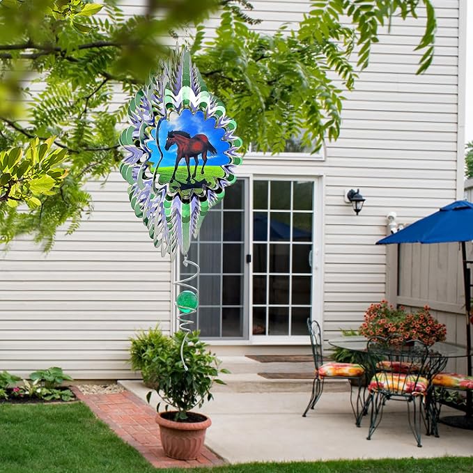 Animated Horse Wind Spinner- 3D Hanging Wind Sculptures & Catcher | 12 Inch Wind Spinners for Yard and Garden, Metal Kinetic Yard Art Outdoor Decor Memorial Gifts for Horse Lover Men Women Dad