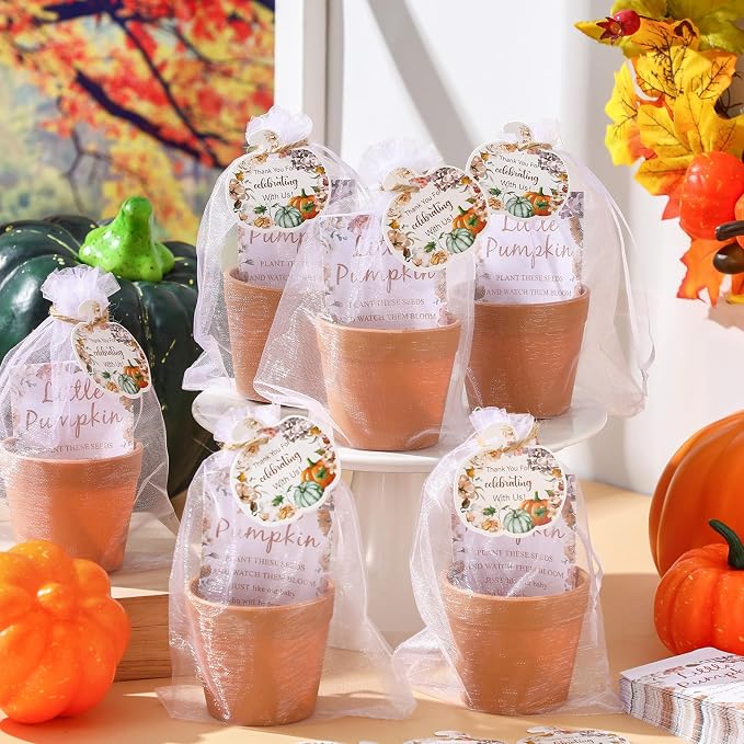 Ctosree 50 Sets Little Pumpkin Baby Shower Party Favors Thanksgiving Baby Shower Seed Packet for Guests Little Pumpkin Is on the Way Gifts Self Adhesive Seed Packets Thanks Tag Organza Gift Bag