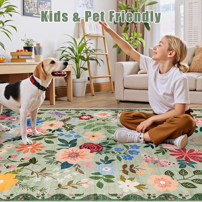 PLHXFR 3x10 Washable Runner Rug：Floral Indoor Kitchen Soft Carpet Green | For Hallway Bedroom Kitchen Laundry Bathroom Dorm,Vintage Floral,Machine washable,Non Slip,Stain Resistant,Indoor Floor