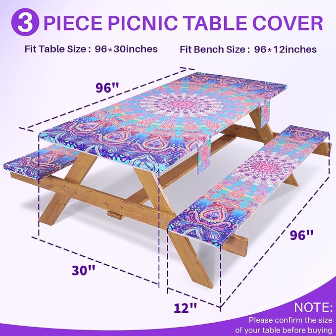 Jobunai 8Ft Fitted Elastic Picnic Table Cover with Bench Covers Vinyl Reusable Boho Large Waterproof Stain Resistant Camping Tablecloths Holiday Festival Decor for Camp Outdoors Parties Trips Garden