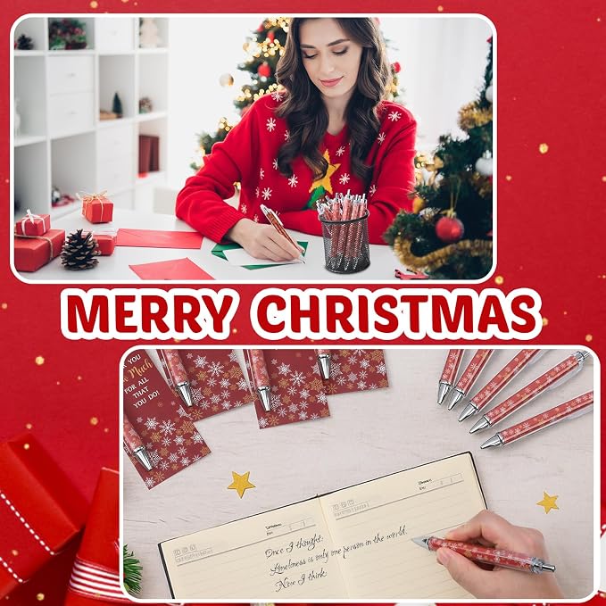 Tenceur 50 Sets Winter Pens Bulk Thank You Snowflake Ballpoint Pens Employee Appreciation Gift Inspirational Coworker Gift with Cards Twist Ties for Office Coworker Staff Nurse Teacher(Red)