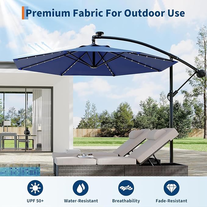 Garvee 10FT Solar Lights Offset Patio Umbrella with Cross Base, Cantilever Umbrella with Easy Lift & Tilt Adjustment, 8 Ribs Sun umbrella UV Protection for Backyard, Pool, Garden, Navy Blue