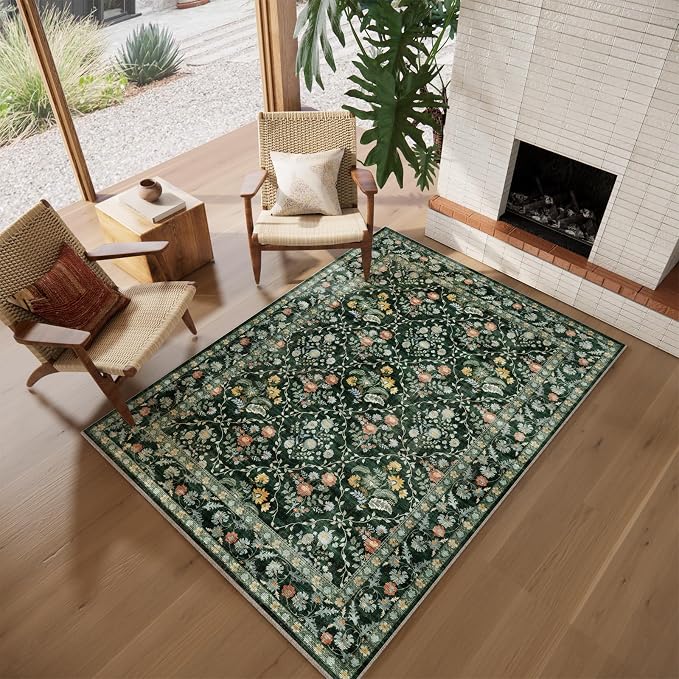 Vintage Botanical Dark Green Area Rug 5x7 Elegant Floral Pattern, Durable Stain-Resistant Fabric, Perfect for Living Room, Bedroom, Dining Room Decor