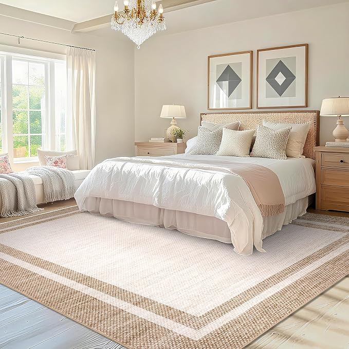 COZYLOOM Area Rugs 10x13 Large Living Room Rug with Rubber Backing, Beige | Washable Modern Bordered Stain Resistant Non Shedding Low Pile Soft Foldable Mats for Bedroom Dining Room Office