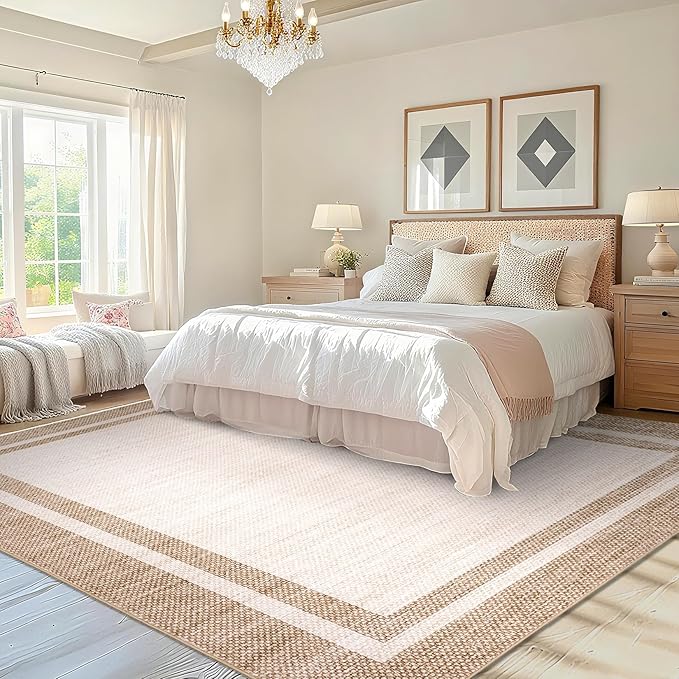 COZYLOOM Area Rugs 9x12 Large Living Room Rug with Rubber Backing, Beige | Washable Modern Bordered Stain Resistant Non Shedding Low Pile Soft Foldable Mats for Bedroom Dining Room Office