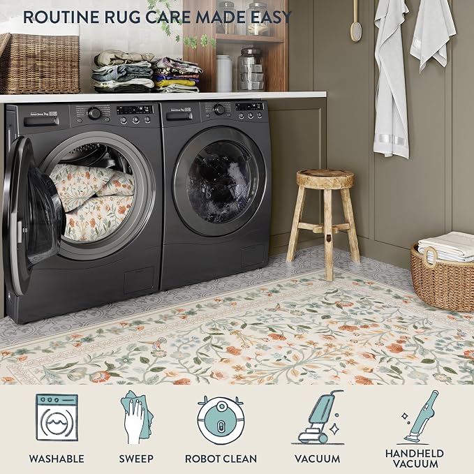 Lahome Beige Floral Washable Area Rug 9x12, Extra Large Botanical Carpet | Non Slip Carpet for Living Room Dining Room, Low-Pile Soft Rug for Bedroom Office, Home Decor