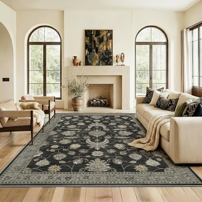 5x7 Area Rug for Living Room Vintage Neutral Washable Rugs | Stain Resistant Farmhouse Boho Floral Indoor Carpet for Bedroom Office and Home Decor(Black&Gold)