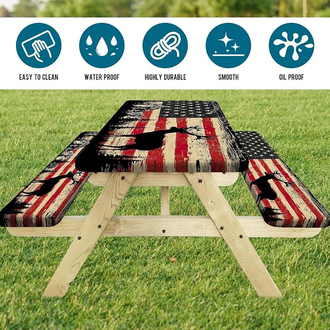 Picnic Table Cover with Bench Covers Elastic Edges, Rustic Farmhouse American Flag Camper Fitted Table Cover, Outdoor Camping Essentials, Waterproof Camping Tablecloth with Drawstring Bag, 72In 3PCS