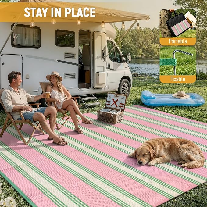 Lahome Striped Outdoor Rug 8x10 Patio Waterproof, Reversible Outdoor Plastic Straw Rug for Camping, RV Patio Rugs Outside Large Carpet for Porch Deck Backyard Picnic(Pink/Green,8'x 10')
