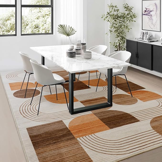 Soft Modern Geometric Abstract Machine Washable Large 8x10 Area Rug | Orange Rugs for Bedroom Living Room, Non-Shedding Faux Wool Indoor Throw Floor Carpet for Office Entryway Dining Room Decor