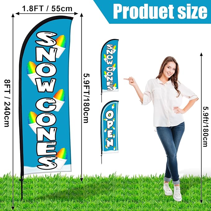 Buryeah 2 Sets Snow Cones Open Feather Flag for Business Advertising 8 ft Feather Flag Sign with Flagpole Ground Stake Portable Bag Snow Cones Banner with Rope for Outside Garden Park Party (Blue)