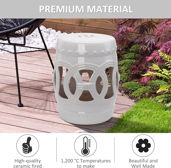 Outsunny 14" x 17" Ceramic Garden Stool with Double-Coin Knotted Ring Design & Strong Glazed Material, Decorative Outdoor Stool, Home Collection, White