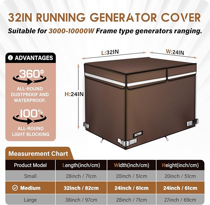 Generator Covers While Running. 32"L×24"W×24"H, Top Can Be Opened for Refueling, Compatible with 5000W-13000W Frame Generator, Coffee.