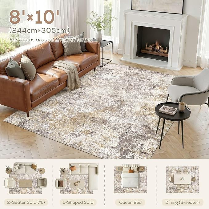 Nakagishi 8X10 Abstract Washable Area Rugs for Living Room-Golden Brown | Modern Non-Slip Silicone Backing Low Pile Soft Carpet for Bedroom Dining Decor for Families with Kids and Pets