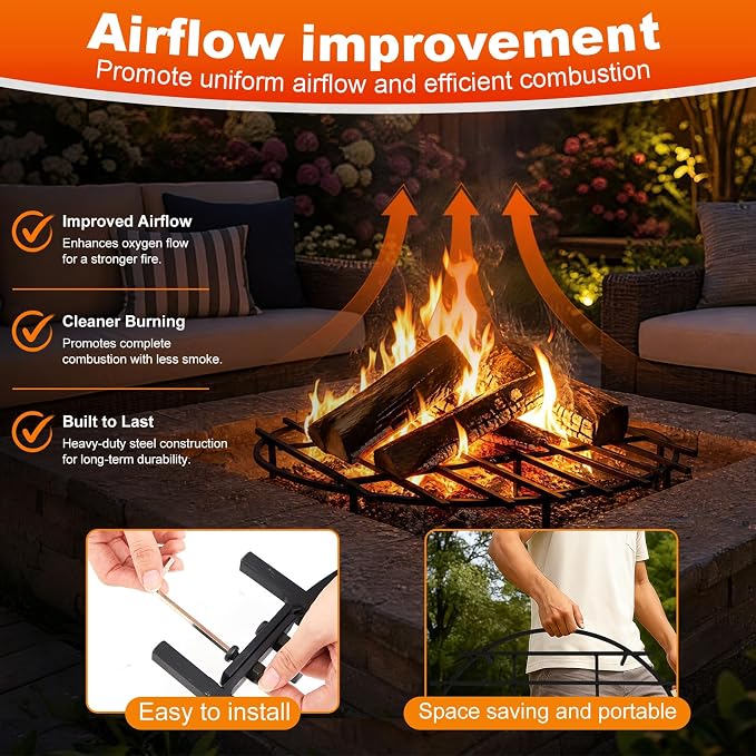 36 Inch Fire Pit Grate Round Heavy-Duty Solid Steel Fire Pit Grate with Elevated Legs, Multi-Functional Log Holder for Fireplace Outdoor Camping, Backyard Barbecue, Cooking