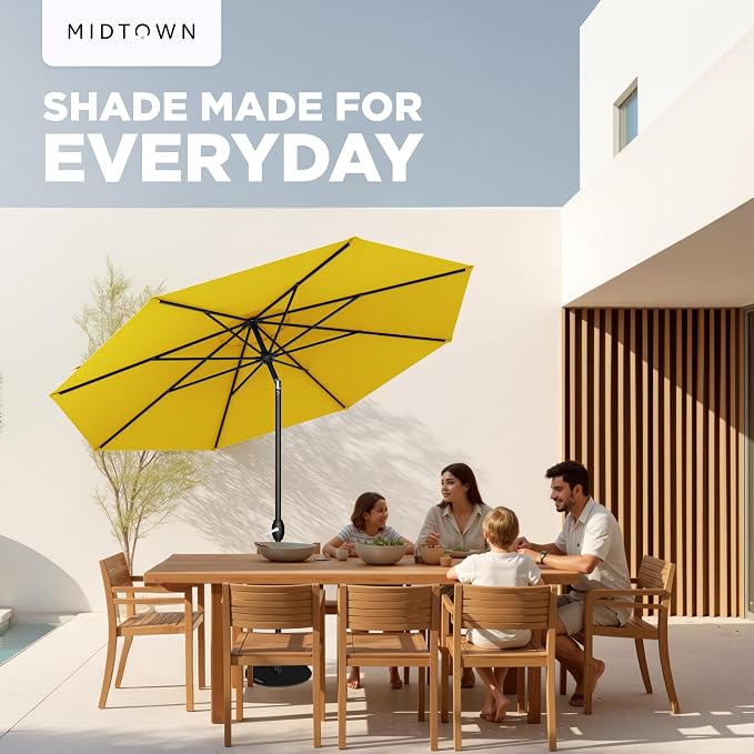 Midtown Umbrellas - 10-Year-No-Fade 10 Ft Patio Umbrella with Terylast Fabric, Auto-Tilt Aluminum Frame and 8 Reinforced Ribs for Deck, Pool, Garden & Beach - Sunflower Yellow Canopy, Black Pole