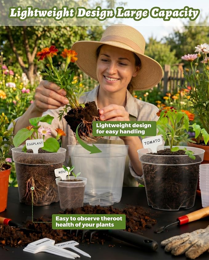 10/8/6/4 Inch Sizes Large Clear Nursery Pots with Drainage -16 Pack Plastic Plant Pots with Garden Tools & Labels, Seedling Pots for Transplanting Succulents Flowers Herb Vegetables