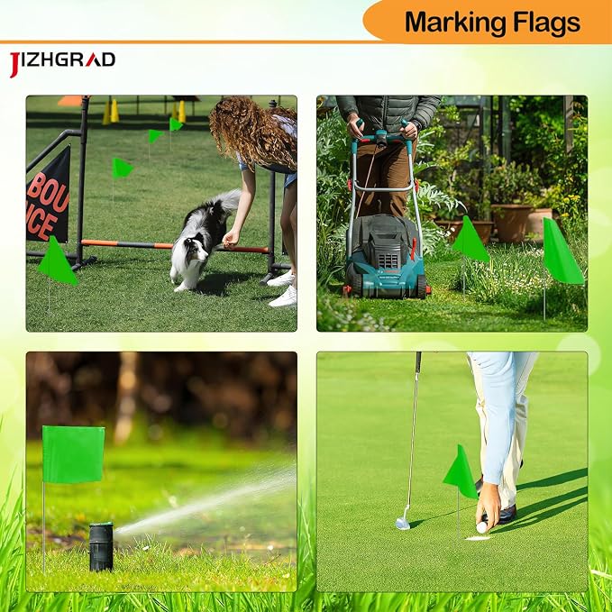 100Pack Green Marking Flags, JIZHGRAD 16x4x5 Inch Marker Flags Use for Yard & Lawn, Boundary & Dog Training, Survey & Landscape, Sprinkler & Surveyor, Garden & Construction, High Visibility, Sturdy, Versatile, UV & Weather Resistant
