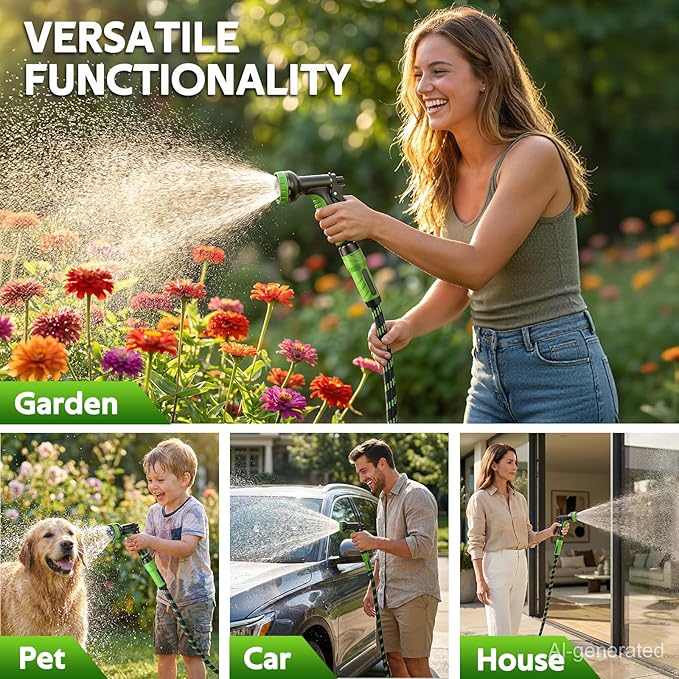 NON-EXPANDABLE Garden Hose 50 FT, Heavy Duty Steel Metal Flexible Water Hose with 10-Function Spray Nozzle, Durable Fabric Skin, No Kinks & Leak-Proof with Upgraded Handle