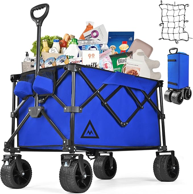 Wagon Cart Shopping Cart Large Capacity Collapsible Wagon with Wheels On Beach Garden Outdoor Utility Carts for Grocery All Terrain Portable Wagons Carts for Groceries Sand Camping Sports Blue