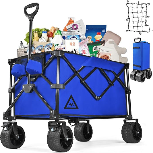 Wagon Cart Shopping Cart Large Capacity Collapsible Wagon with Wheels On Beach Garden Outdoor Utility Carts for Grocery All Terrain Portable Wagons Carts for Groceries Sand Camping Sports Blue