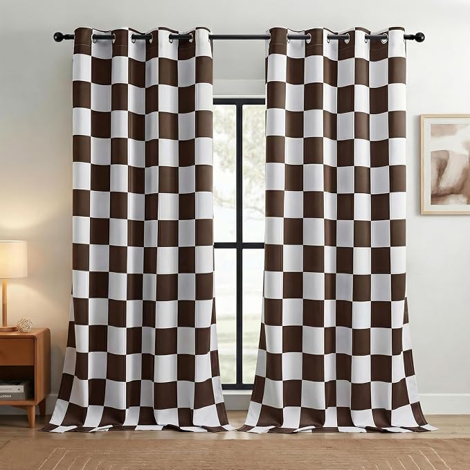 100% Blackout Checkered Curtains – 2 Panels, Each W52×L84, Thermal Insulated, Nosie Reducing for Bedroom, Brown and White Checker Design