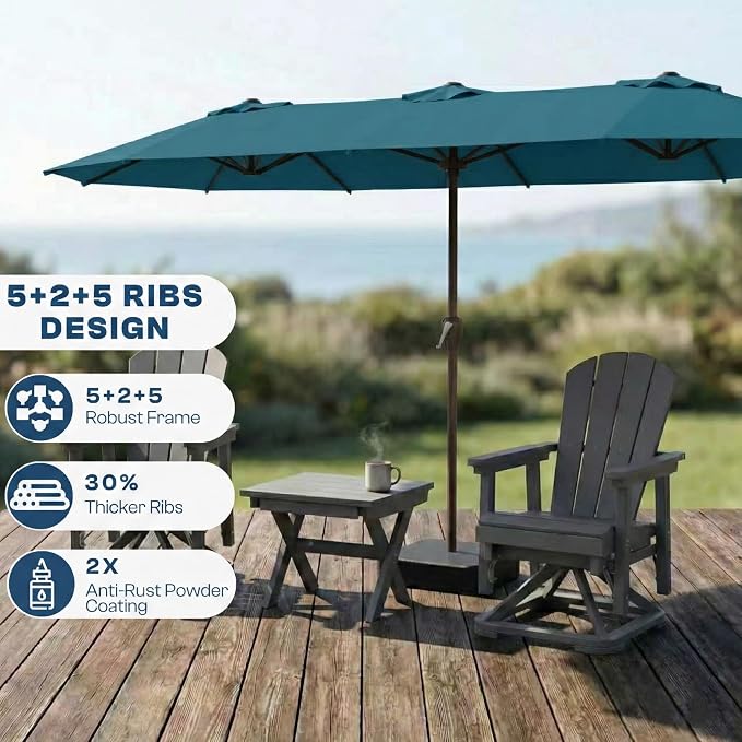 15FT Large Patio Umbrella with Base Included, Double Sided Outdoor Market Umbrella with Flexible Fiberglass Ribs, UV-Blocking Extra Large Umbrella for Garden, Pool, Deck, Lake Blue