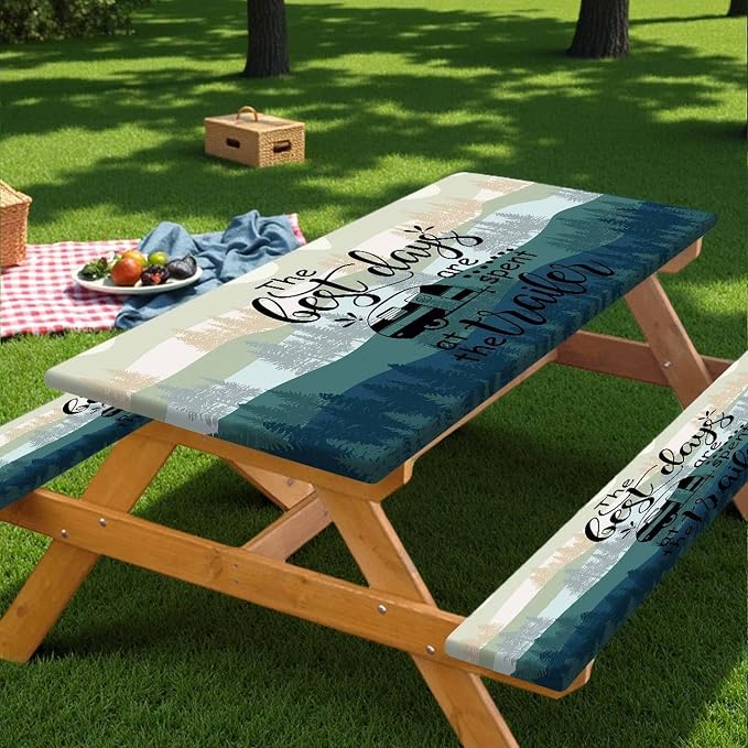 Picnic Table Cover Bench Elastic Edges, Green Blue Camping Forest Camper Fitted Table Cover, Outdoor Patio Camping Essentials 60 Inch 3PCS, Waterproof Camping Fitted Tablecloth with Drawstring Bag