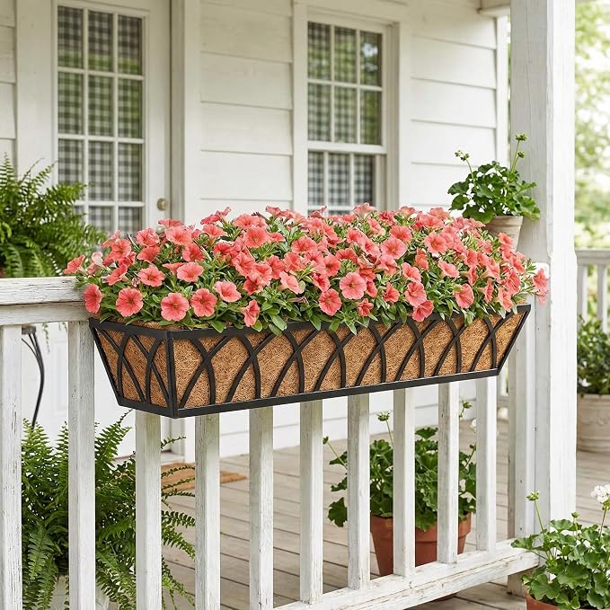 Y&M 4 Pcs 30'' Deck Railing Planters Outdoor Balcony, Large Metal Window Box Deck Railing Planter with Coco Liner for Outdoor Balcony Porch Fence Patio Rail