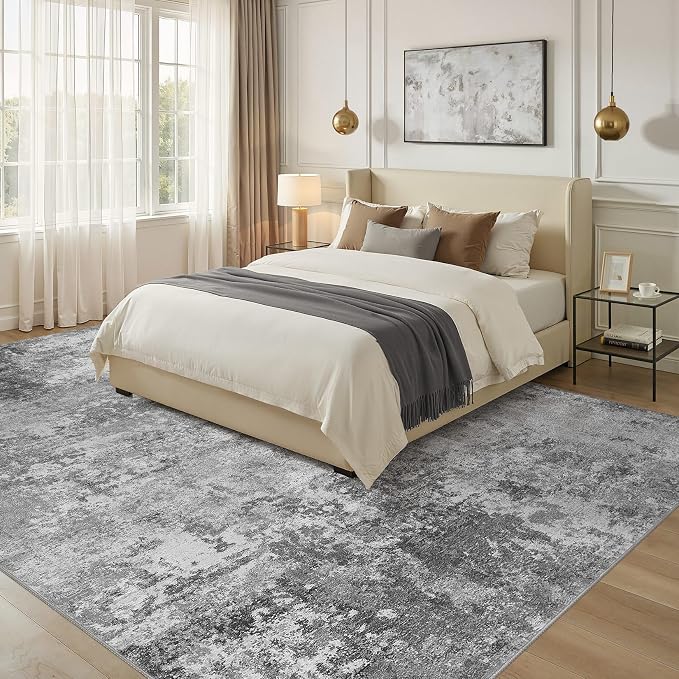 Nakagishi 12X15 Abstract Washable Area Rugs for Living Room-Grey | Modern Non-Slip Silicone Backing Low Pile Soft Carpet for Bedroom Dining Decor Ideal for Families with Kids and Pets