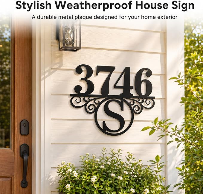 Custom Metal Address Sign for Home Personalized House Number Plaque Decorative Laser Cut Monogram Front Porch Wall Art Elegant Entryway Decor for Family Homes