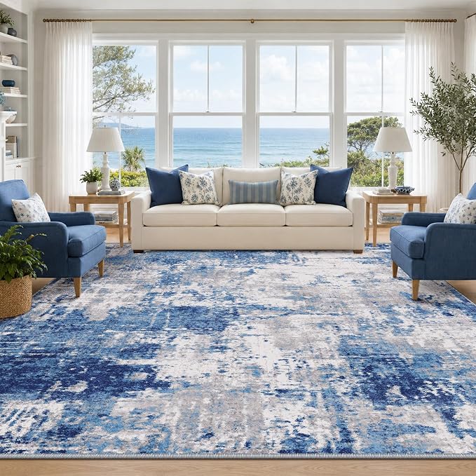 RELEANY Washable 10'x14' Abstract Area Rug for Living Room Blue Gray | Carpet for Bedroom, Kitchen, Office, Hallway and Entryway, Printed Pattern, Non‑Slip, Soft, Stain‑Resistant, Easy to Clean