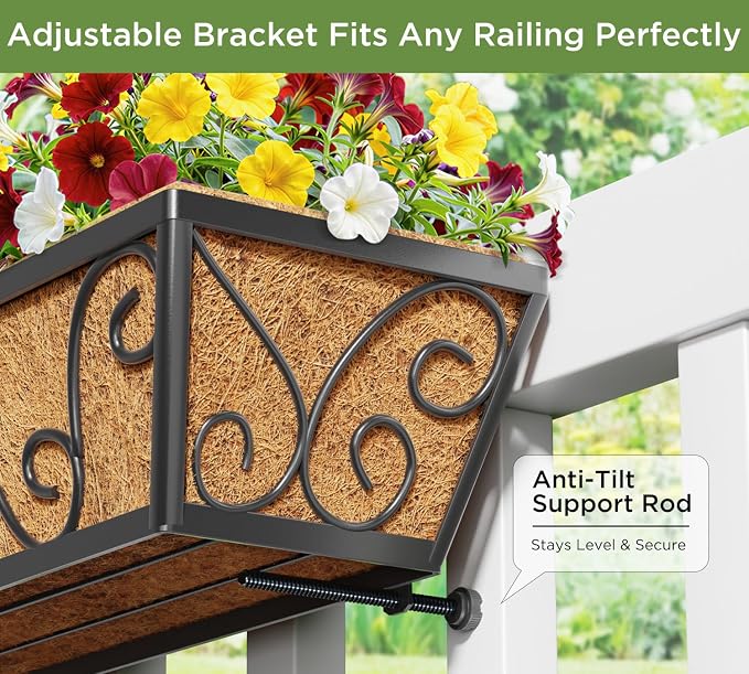 Y&M Railing Planter Boxes 24 Inch-4 Pcs, Adjustable Hanging Planters for Railing with Coco Liner, Heavy Duty Window Box Planters for Balcony, Deck, Porch, Patio