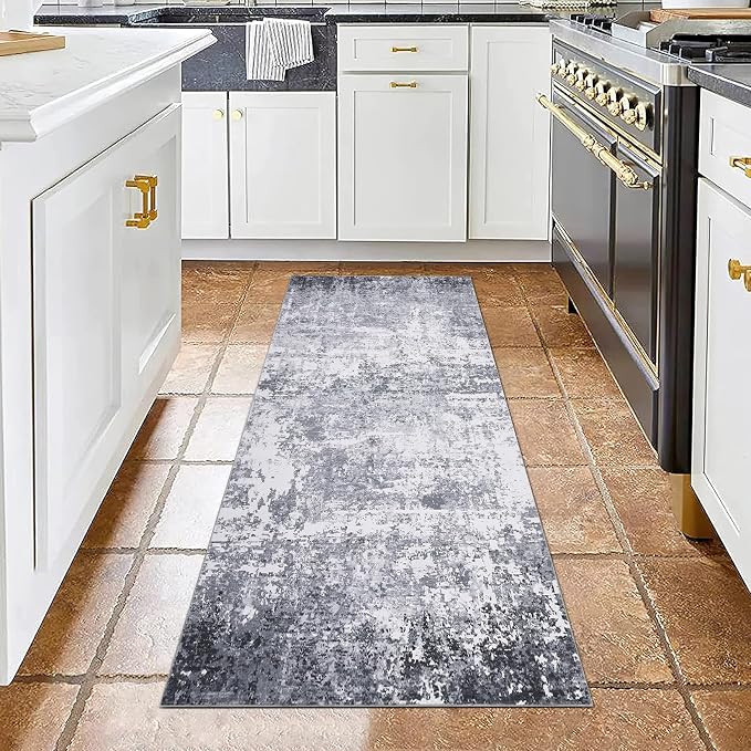 ROYHOME Modern Abstract Runner Rug 2x5 Washable Non Slip, Light Grey | Stain Resistant Rug for Bedroom Living Room Non Shedding Low Pile Indoor Floor Cover